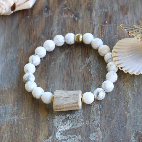 8mm Howlite Bracelet with Center Antler Bead