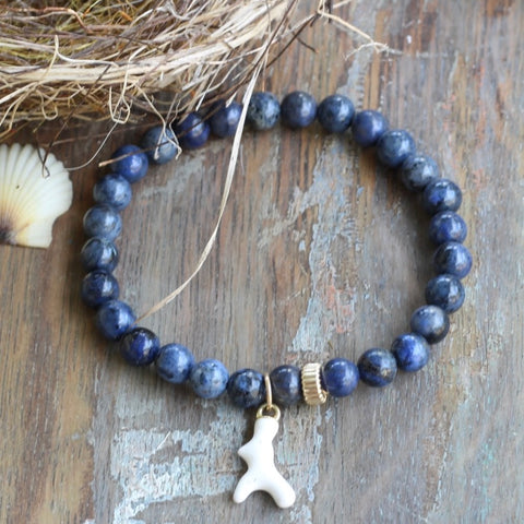 6mm Dumortierite Bracelet with White Coral Charm