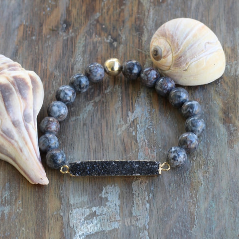 8mm Grey Calcite with Black Druzy Bar