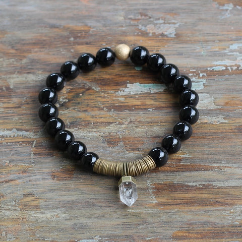 8mm Black Tourmaline with Brass & Crystal