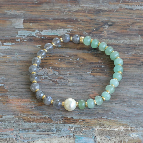 6mm Green Aventurine and Labradorite Bracelet with Pearl