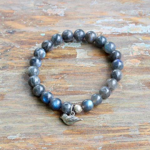 8mm Labradorite with Pewter Sparrow Charm