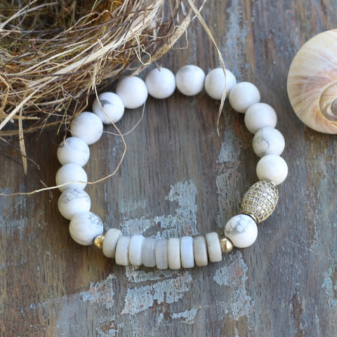 8mm Howlite Bracelet with Blue-Gray Bone Rondelles