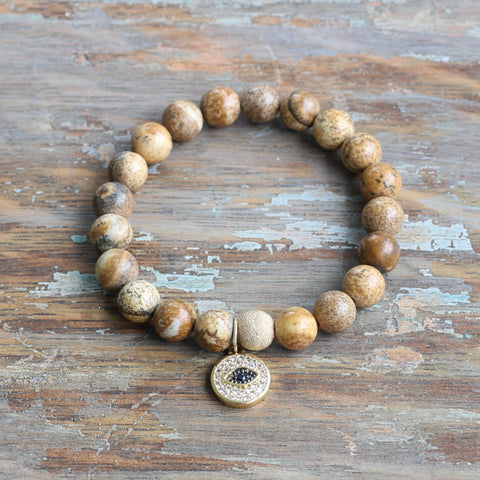 8mm Landscape Jasper with Pave Evil Eye