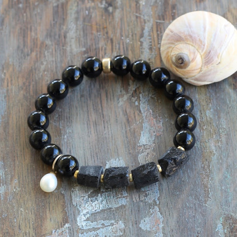 Raw Black Tourmaline Bracelet with Pearl