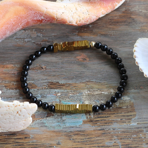 Black Agate with Square Brass Rondelles