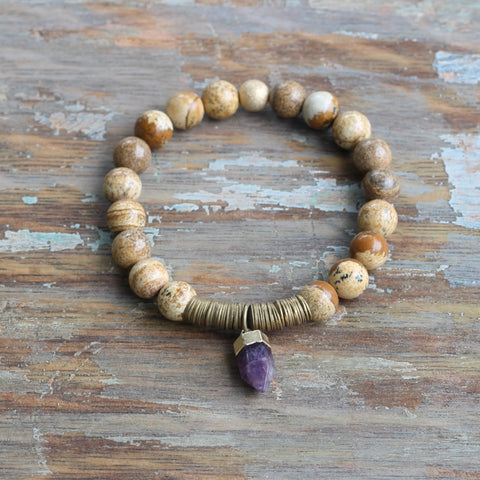 8mm Landscape Jasper with Brass & Amethyst Crystal