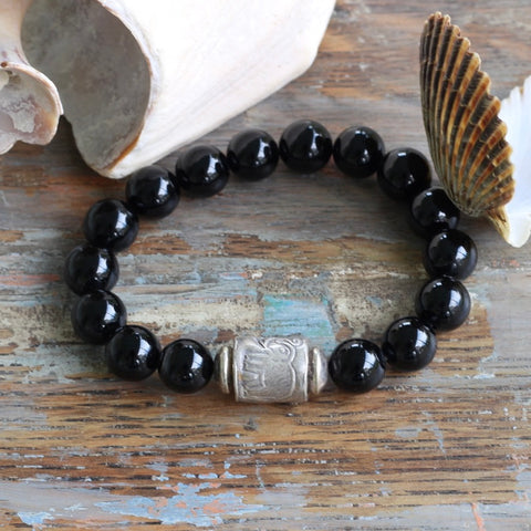 10mm Black Tourmaline with Silver Bali Elephant Bead