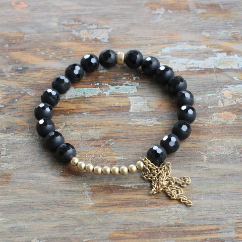 8mm Faceted Black Agate with Gold Beads & Tassel