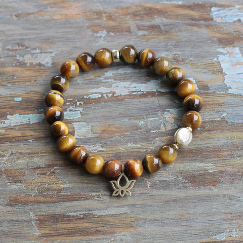 8mm Tiger's Eye with Shell and Lotus Charm