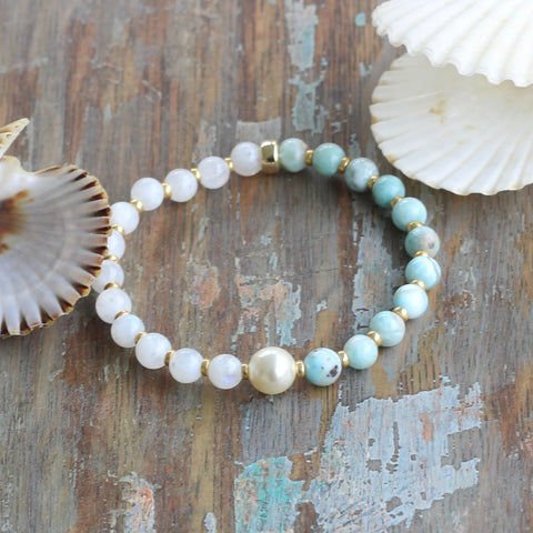 6mm Larimar and Moonstone Bracelet with Pearl