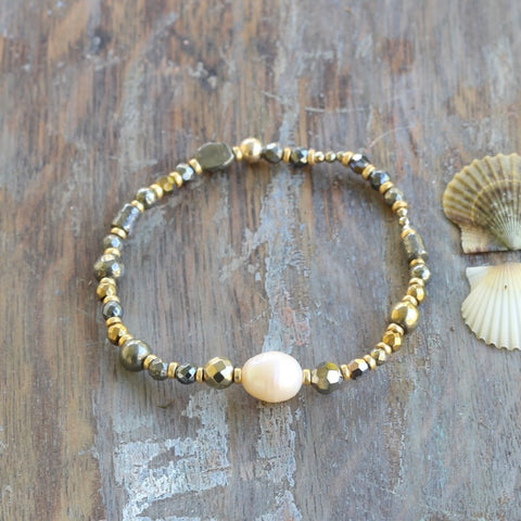 Pyrite and Swarovski Mix Bracelet with Pearl