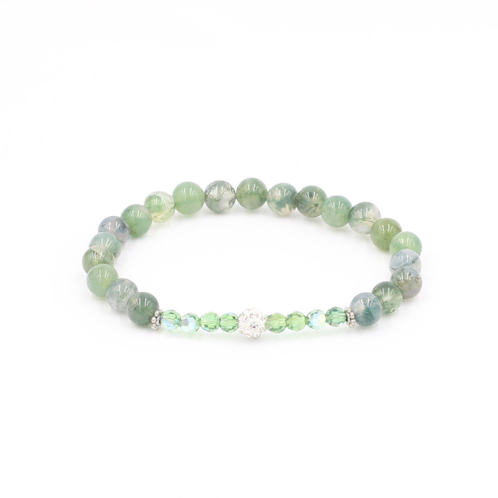 Moss Agate Bracelet with Green Crystal