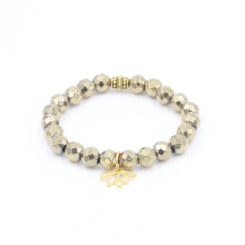 Faceted Pyrite Bracelet with Lotus Charm