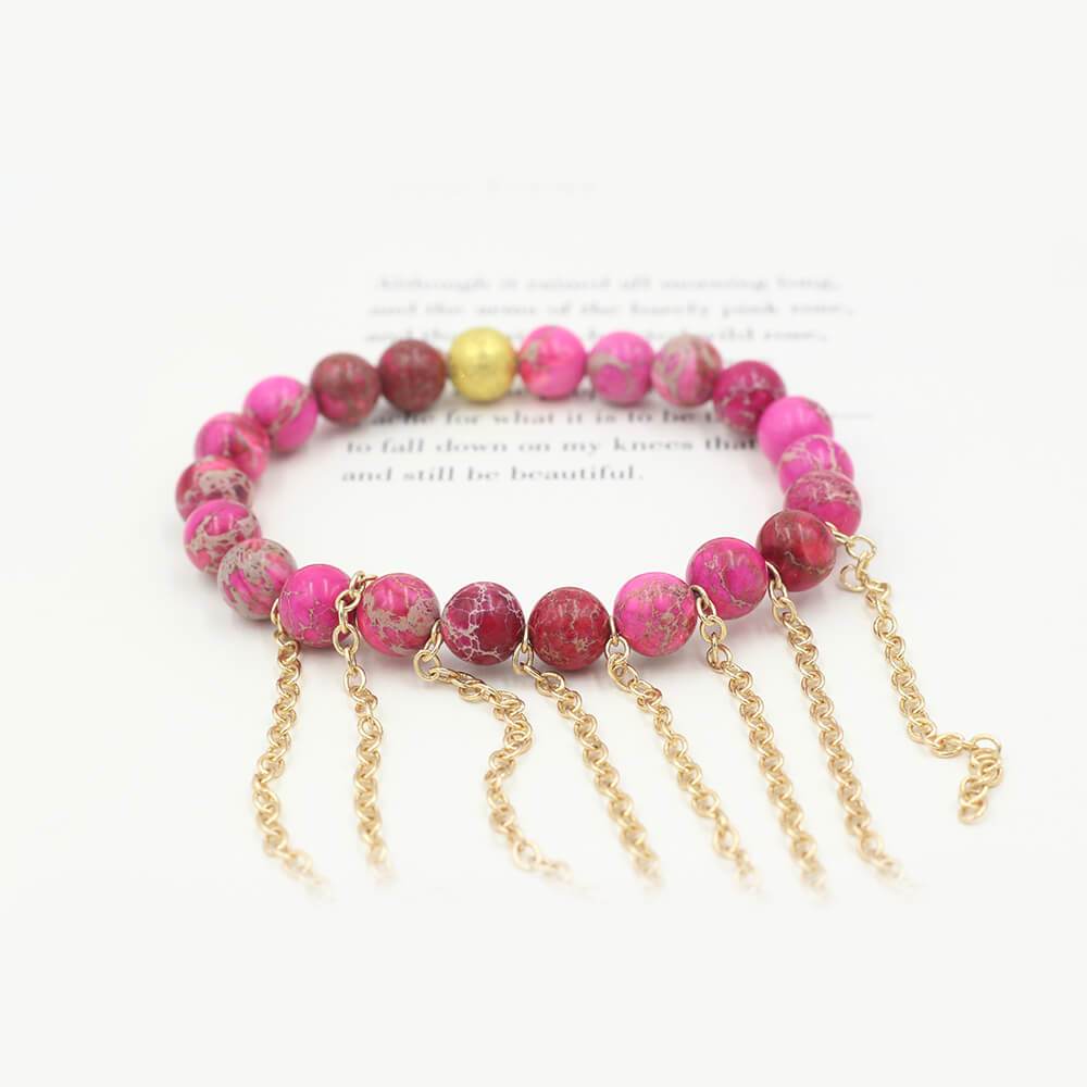Susan Balaban Designed Healing Bracelet - This pink healing yoga bracelet is made of rose jasper and fringe for hope and joy.