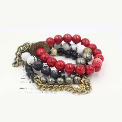 Susan Balaban Designed Healing Bracelet - These red black and white healing yoga bracelets are made of coral, jasper and vintage coins for passion, love, energy.