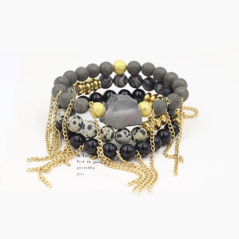 Susan Balaban Designed Healing Bracelet - These black, white and gold healing yoga bracelets are made of pyrite, dalmation jasper, silkstone & big druzy for looking forward, gratitude