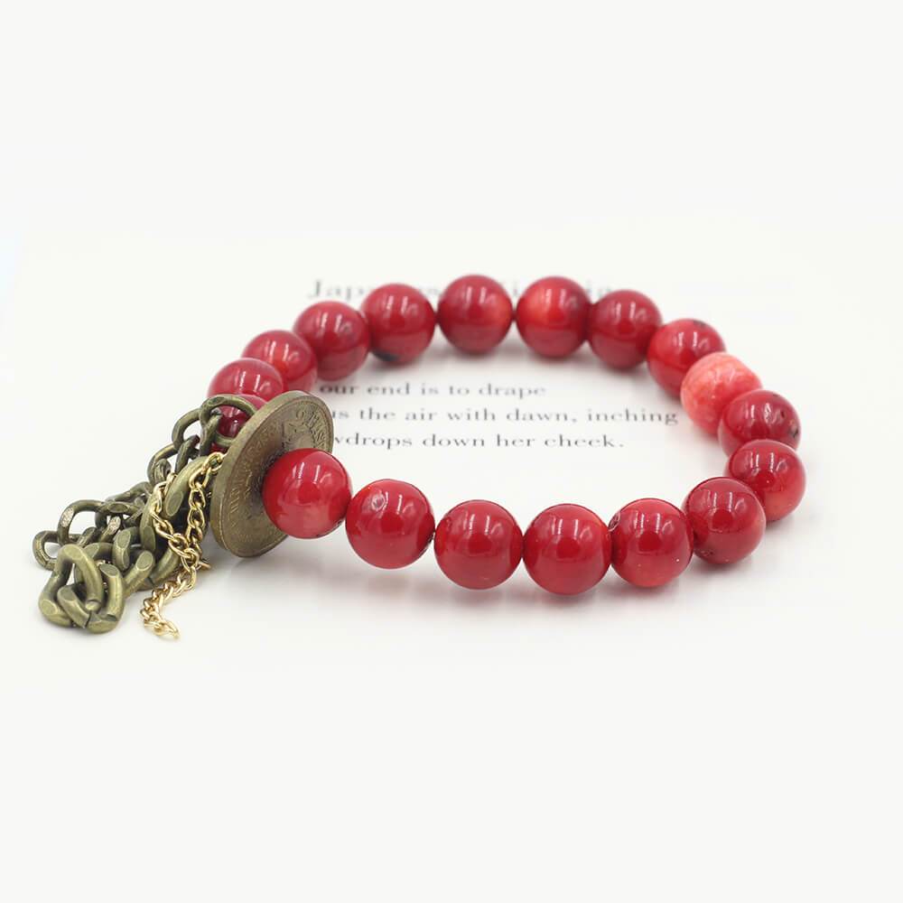 Susan Balaban Designed Healing Bracelet - This red healing yoga bracelet is made of coral and vintage coin for love, energy, passion