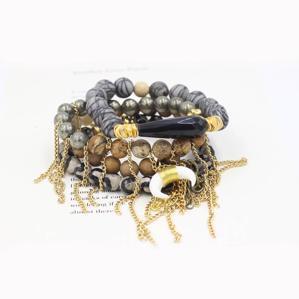 Susan Balaban Designed Healing Bracelet - These neutral gold tan and black healing yoga bracelets are made of agate, pyrite, jasper and silkstone for moving forward and calm.