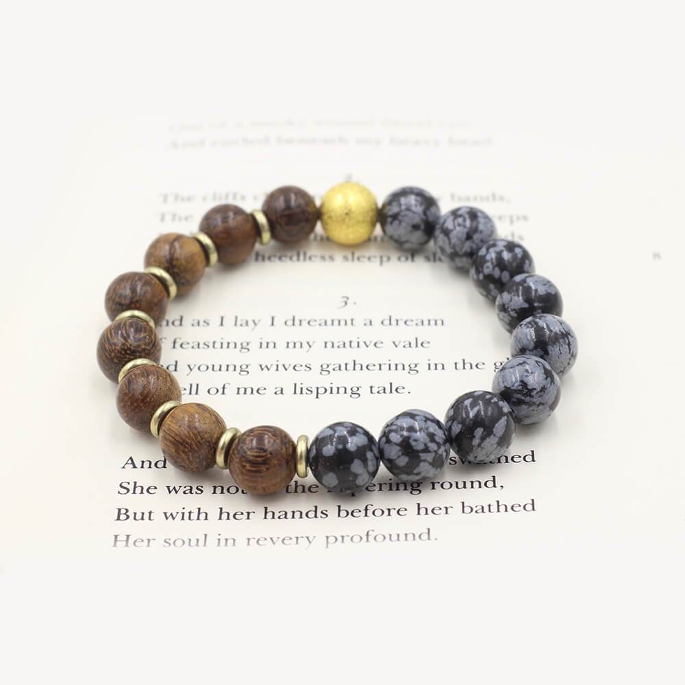 Susan Balaban Designed Healing Bracelet - This black snowflake obsidian and wood healing yoga bracelet helps you stay centered and clear.